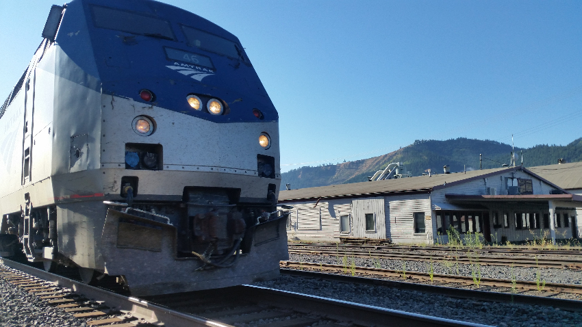 Amtrak train waiting at White Salmon station